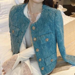 小香风冬季保暖羊绒加厚短款外套时尚气质百搭显瘦圆领夹克外衣女