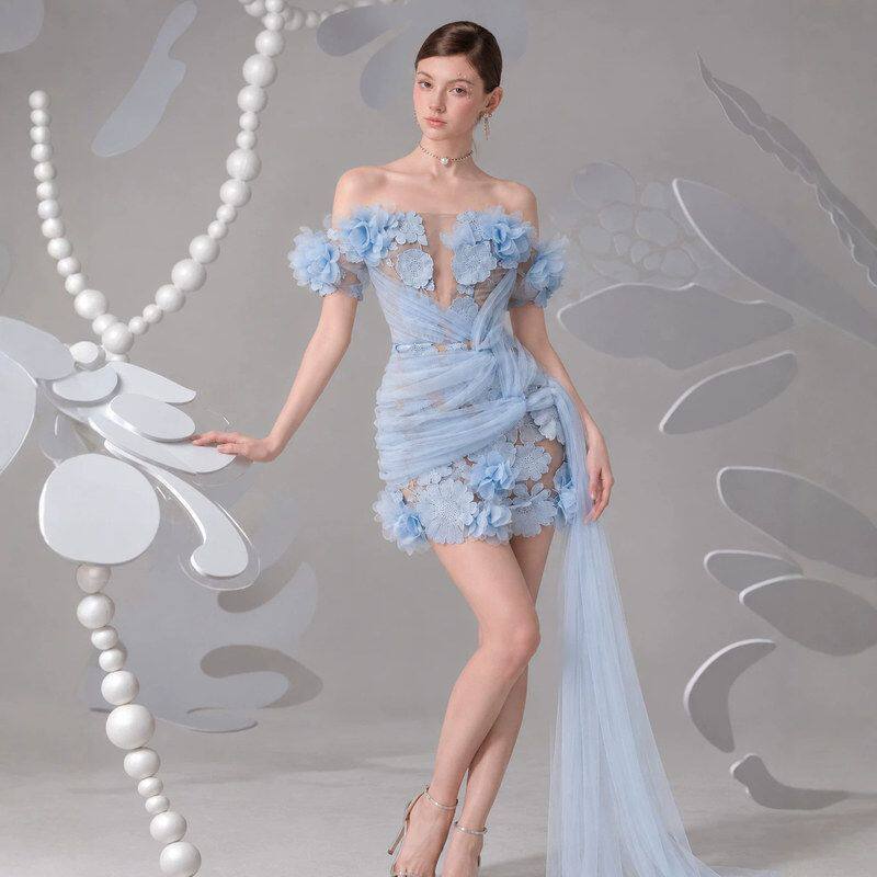 小众立体花朵蕾丝网纱晚宴礼服女