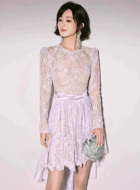 法式潮款紫色蕾丝轻奢连衣裙女气质收腰显瘦下摆不规则小礼服裙子