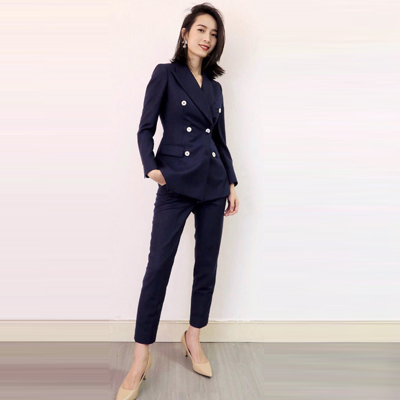 通勤风双排扣修身显瘦西装套装女