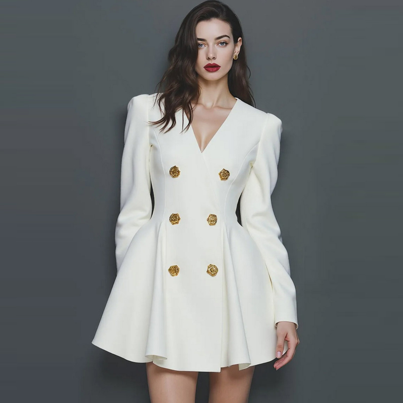 轻奢优雅风V领长袖双排扣连衣裙