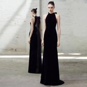 名媛气质黑色丝绒长款 生日宴会礼服主持拖地鱼尾蝴蝶结挂脖连衣裙