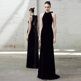 名媛气质黑色丝绒长款生日宴会礼服主持拖地鱼尾蝴蝶结挂脖连衣裙