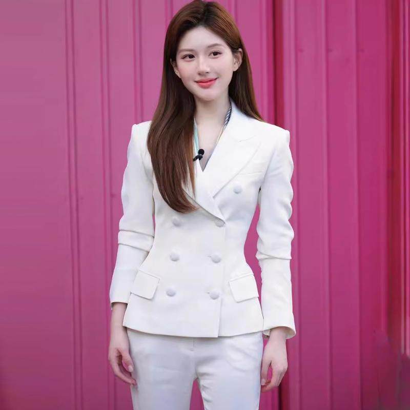 主持人双排扣修身显瘦白色西装外套艺考职业女装短款西服裤子套装