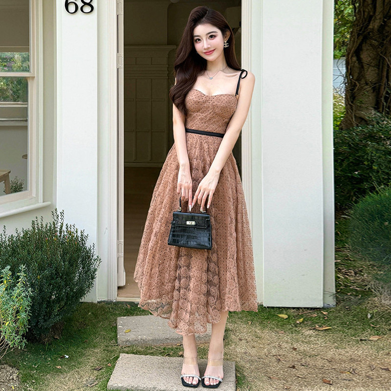 韩版复古蕾丝吊带收腰长款礼服女