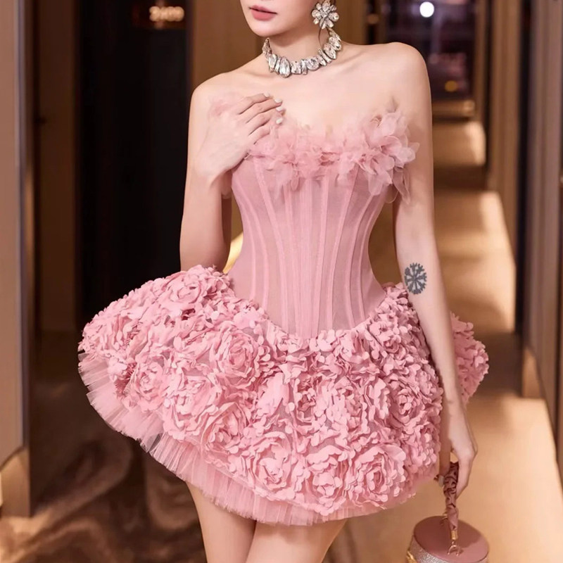 法式气质名媛粉色抹胸连衣裙女收腰显瘦生日宴会主持人晚礼服短裙