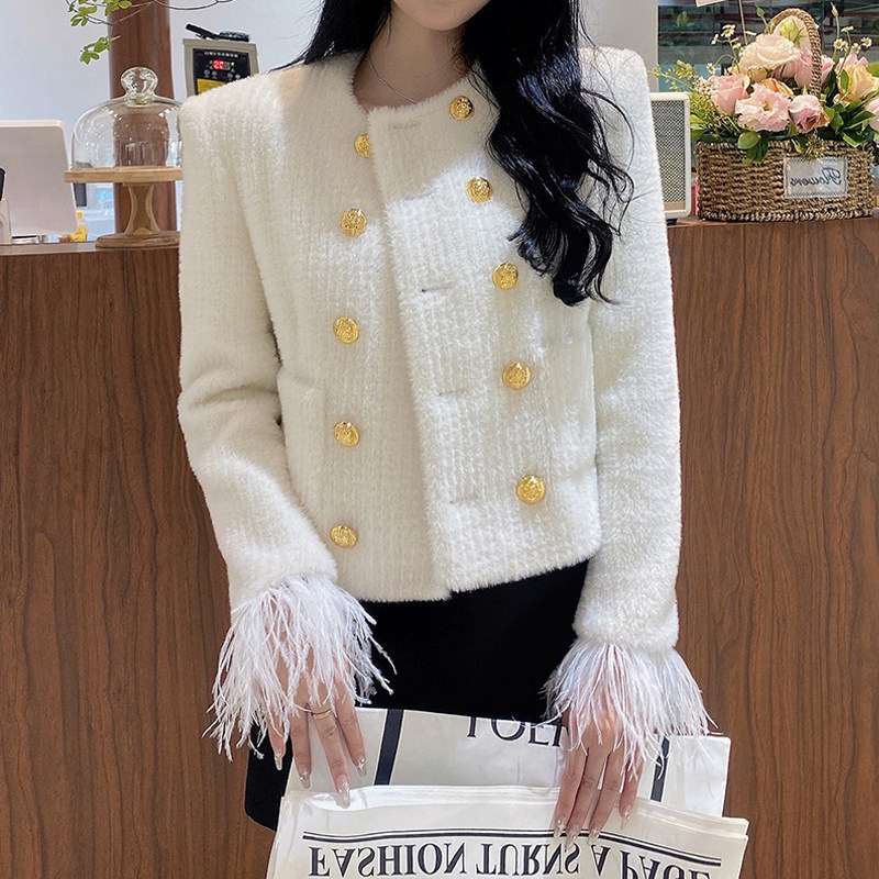 法式小香风双排扣白色短款外套女