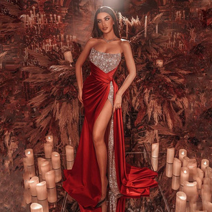 夜店性感抹胸露背连衣裙晚宴聚年会演出礼服闪闪亮片主持人长裙女