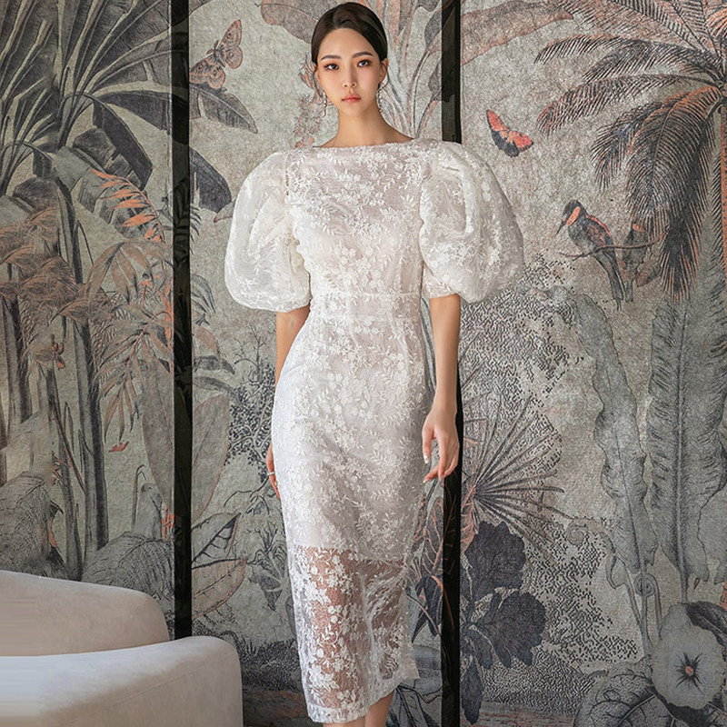 法式复古蕾丝连衣裙女夏季新款气质收腰显瘦包臀短裙子生日礼服裙