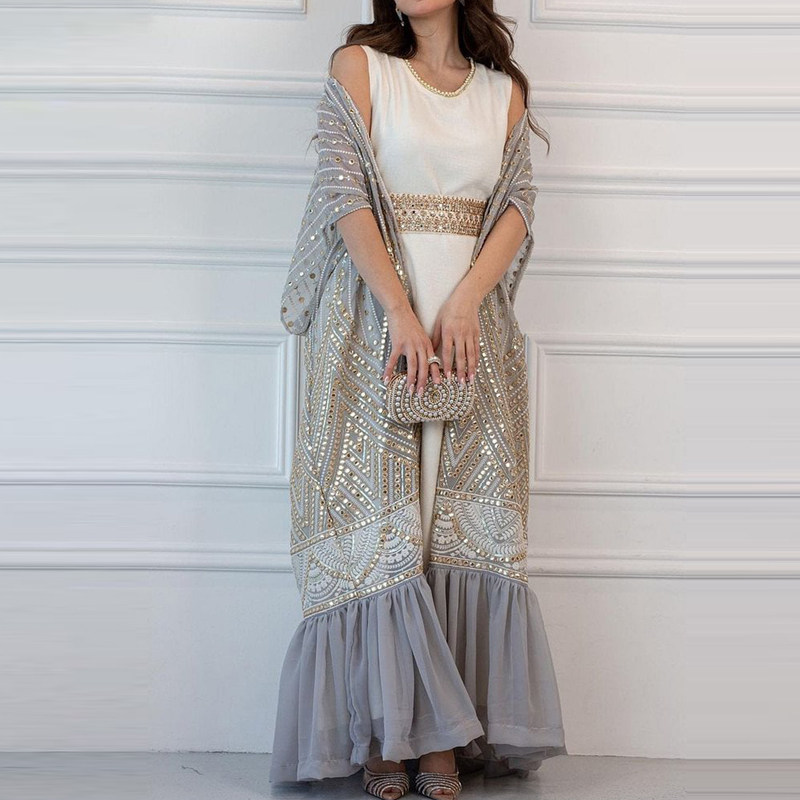 欧美潮款宽松大码女装时尚休闲蝙蝠袖披肩背心长裙印花腰带两件套