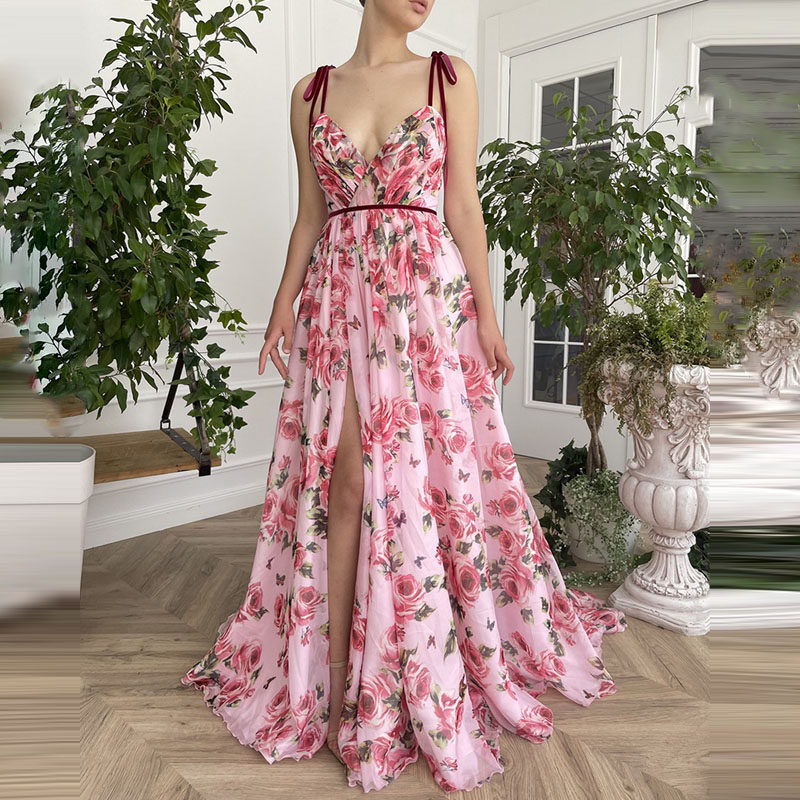 欧美风性感裹胸露背吊带连衣裙女夏季新款海边度假沙滩裙碎花长裙