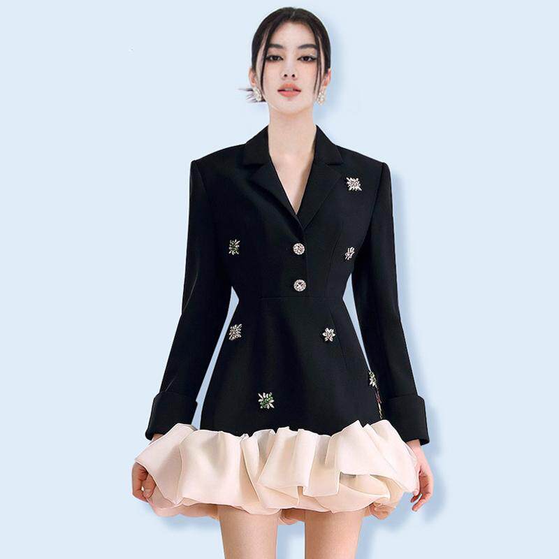 法式气质钉珠纽扣西装领连衣裙女