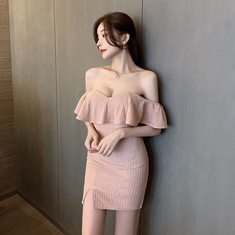 一字领露肩生日晚宴聚会小礼服短裙裹胸荷叶边修身包臀开叉连衣裙