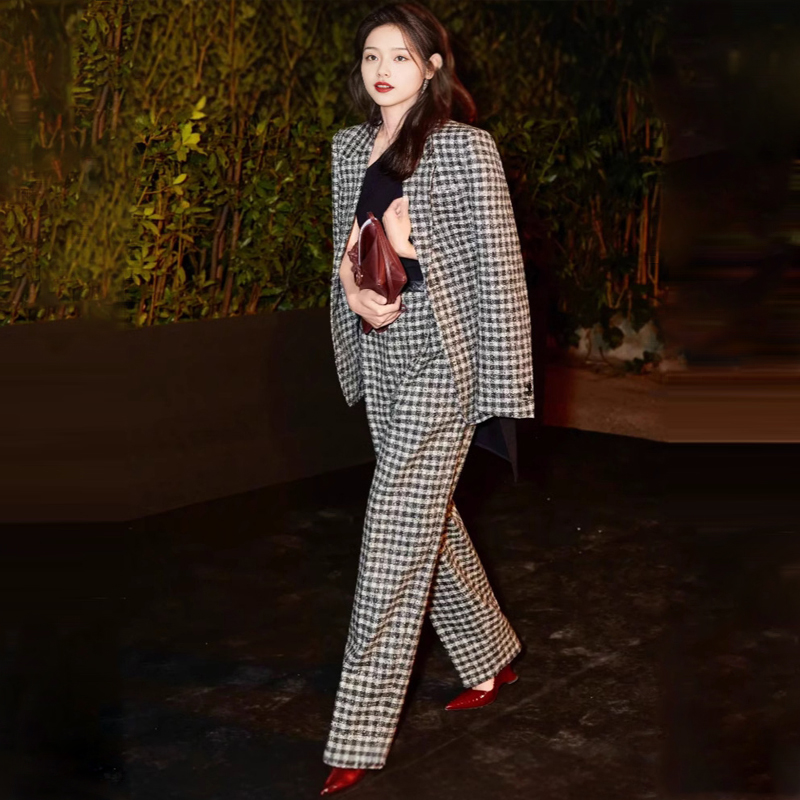 老钱风格纹西装气质通勤两件套女