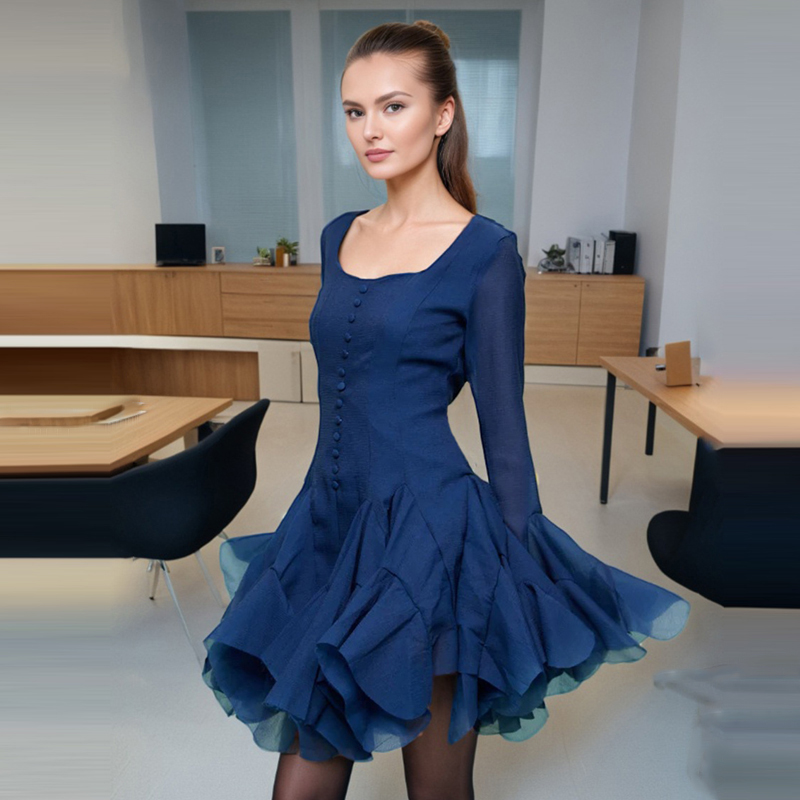 法式气质名媛方领长袖收腰连衣裙