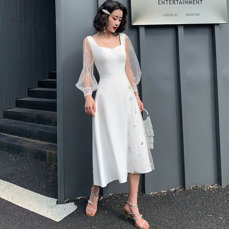 小个子白色晚礼服裙子女方领收腰显瘦中长款生日晚宴连衣裙伴娘服