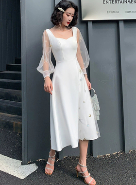 小个子白色晚礼服裙子女方领收腰显瘦中长款生日晚宴连衣裙伴娘服