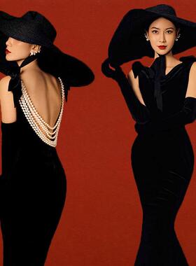 蝴蝶结吊带露背深V连衣裙晚宴聚会主持人礼服黑色丝绒鱼尾连衣裙