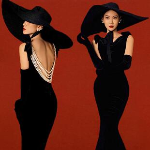 蝴蝶结吊带露背深V连衣裙晚宴聚会主持人礼服黑色丝绒鱼尾连衣裙