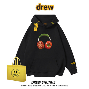 drew潮牌西红柿耳机印花连帽卫衣美式 街头BF风男女情侣加绒外套