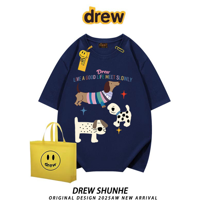 drew美式复古卡通腊肠狗印花纯棉短袖t恤潮牌男女宽松学生半袖ins