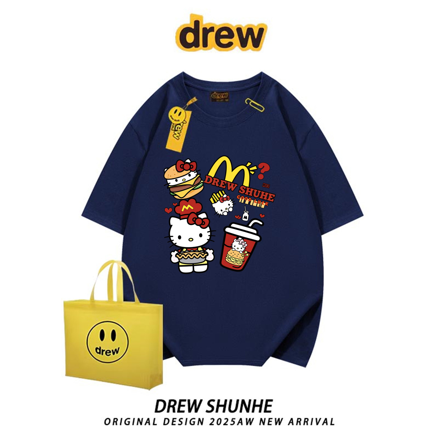 drew潮牌卡通可乐汉堡KT猫印花短袖T恤美式复古男女情侣半袖上衣