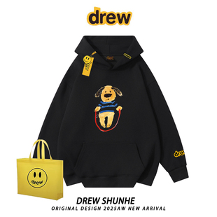 drew潮牌卡通狗狗印花连帽卫衣美式 街头BF风男女情侣加绒外套上衣