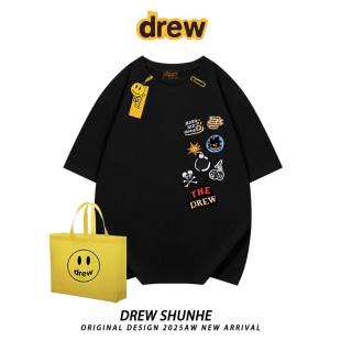 BF风宽松半袖 drew美式 情侣装 T恤男女夏季 tee 复古潮牌涂鸦卡通短袖