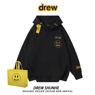 drew潮牌笑脸字母连帽卫衣秋冬美式 高街宽松男女情侣加绒外套上衣