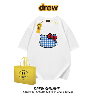 drew潮牌复古卡通格子KT猫咪短袖T恤美式重磅男女情侣宽松半袖ins
