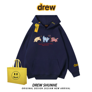 潮 纯棉宽松加绒帽衫 drew重磅趣味卡通印花连帽卫衣美式 男女情侣款