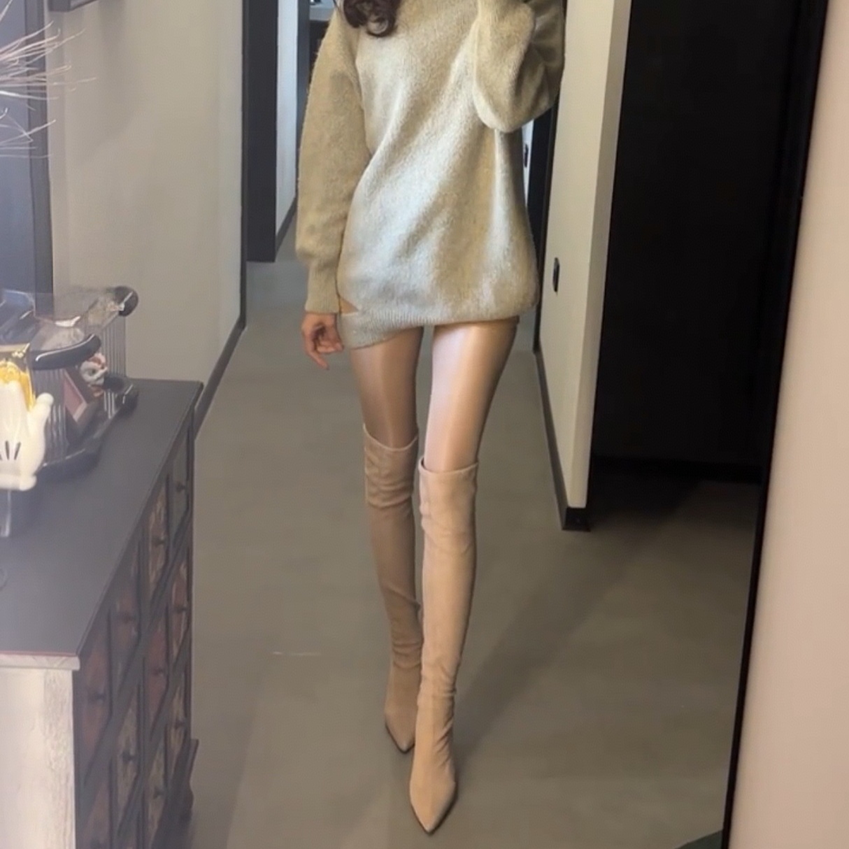 2025秋冬新款高跟鞋女弹力靴尖头细跟瘦瘦靴杏色丝袜靴过膝长筒靴