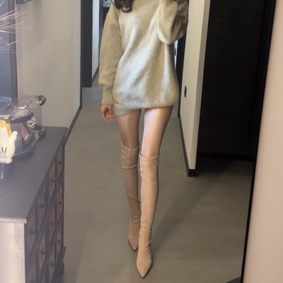 2025秋冬新款高跟鞋女弹力靴尖头细跟瘦瘦靴杏色丝袜靴过膝长筒靴