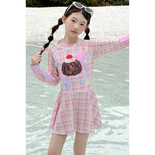 女童甜美防晒连衣裙泳衣2026新款女孩格子连体泳装儿童韩系沙滩服 - 封面
