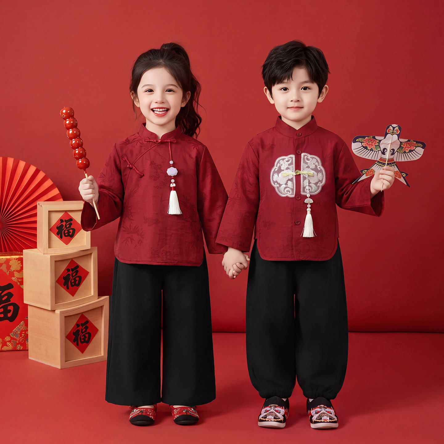 男女童汉服2026秋款新中式兄妹中式红色抓周服唐装中秋国庆演出服