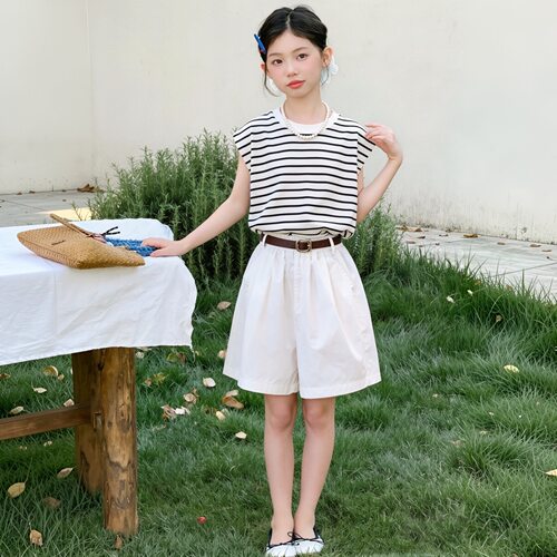 女童夏季条纹无袖t恤套装2026新款夏日女孩短袖休闲轻薄短裤夏装
