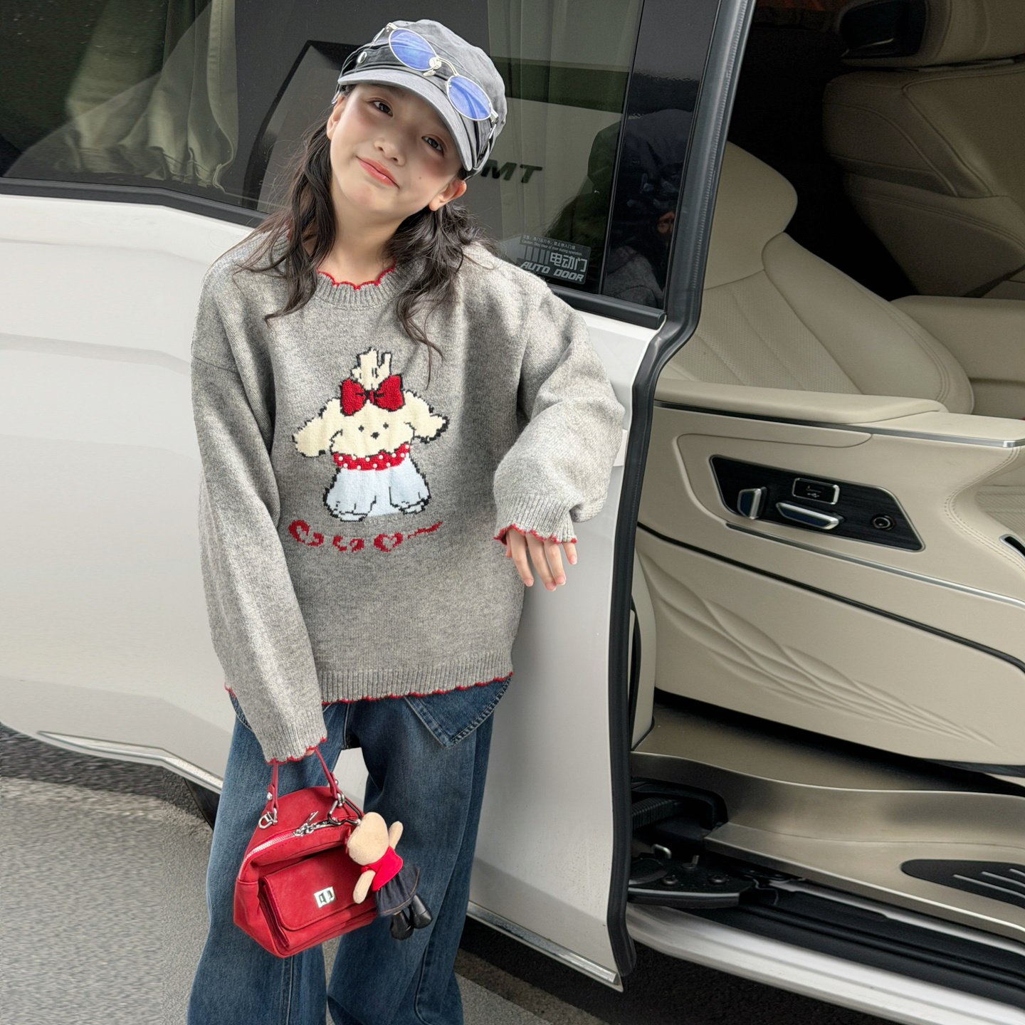 韩系女童秋冬珍珠狗毛衣2026新款中大童女孩个性圆领套头针织衫潮