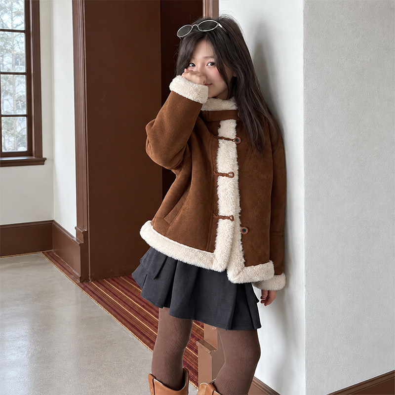 韩系女童美拉德风厚外套2026秋冬季新款儿童皮毛一体立领保暖夹克