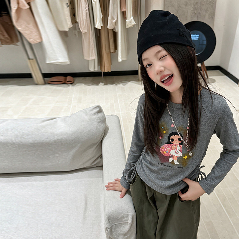 韩系女童抽绳修身打底衫套装2026新款秋季洋气长袖纯色阔腿裤子