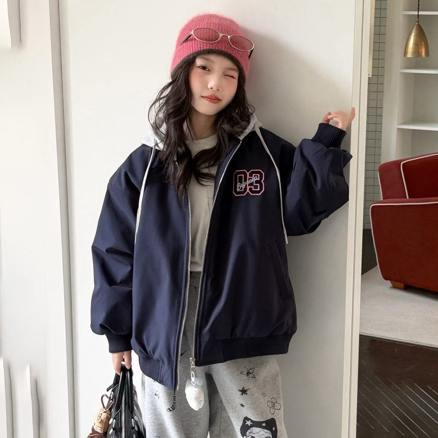 韩系女童连帽夹棉外套2026秋冬季新款中大儿童拼色假两件棉服上衣