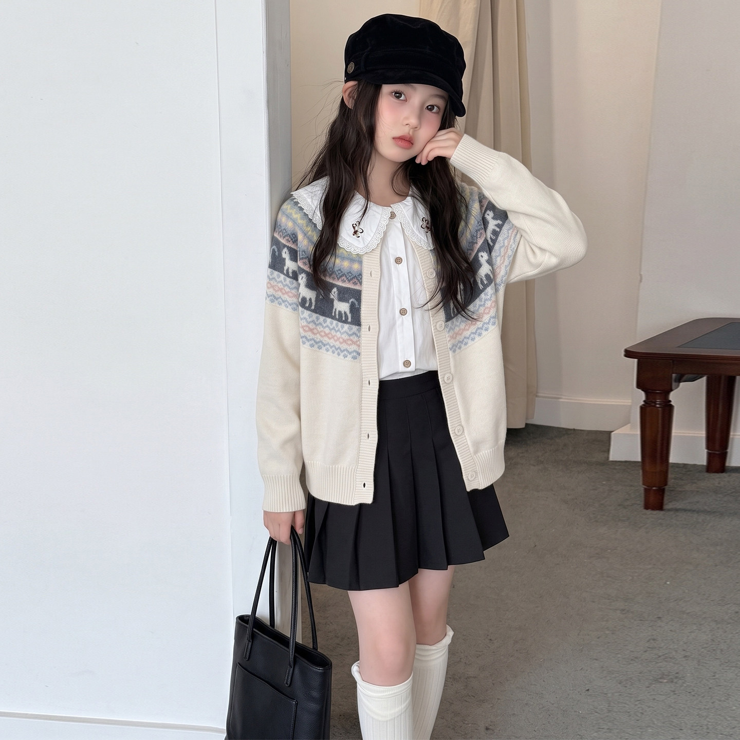 韩系女童费尔岛毛衣套装2026秋冬装新款儿童洋气娃娃领衬衫两件套