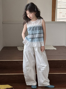 韩版女童夏季时尚套装洋气蕾丝拼接格纹无袖上衣白色灯笼裤两件套