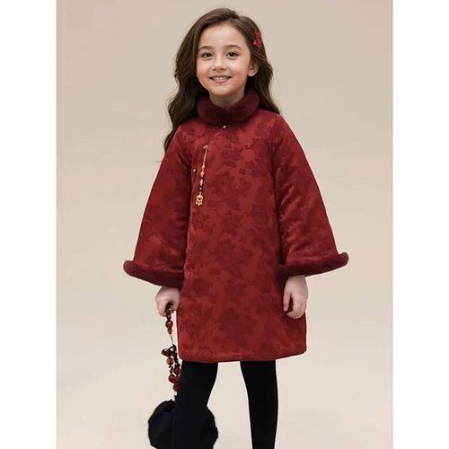 女孩拜年服冬季亲子装冬季红色女童旗袍裙新中式汉服保暖棉服夹棉