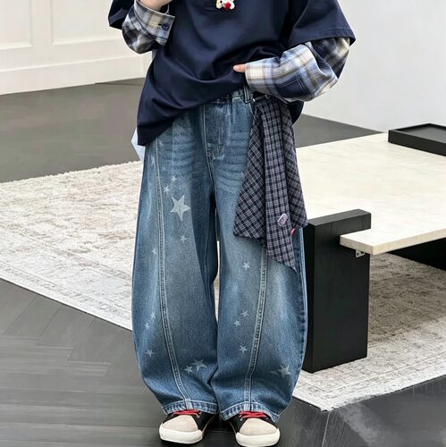韩系女童加绒牛仔裤2026秋冬季新款百搭弯刀裤儿童一体绒阔腿裤子