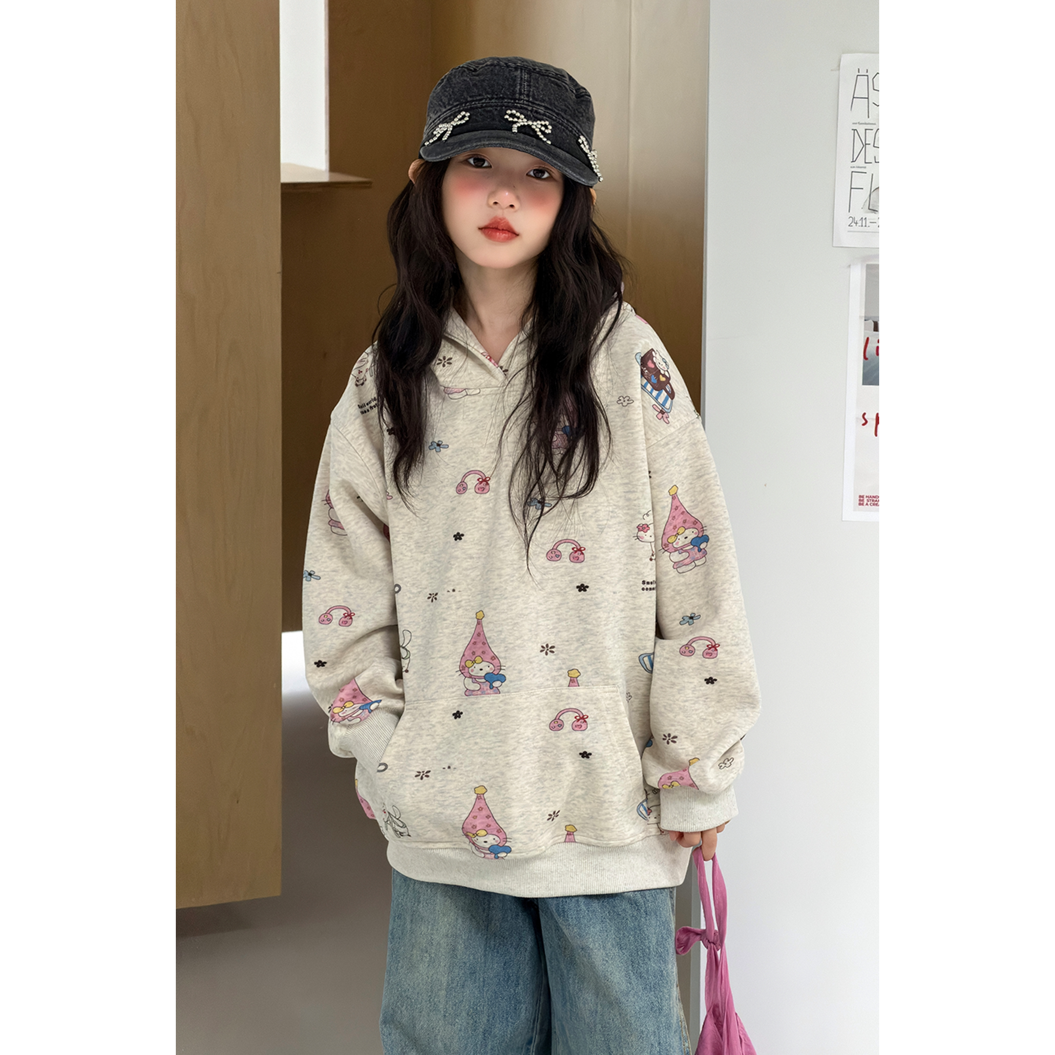 韩系女童卡通卫衣2026秋季新款中大童宽松套头衫儿童连帽长袖上衣