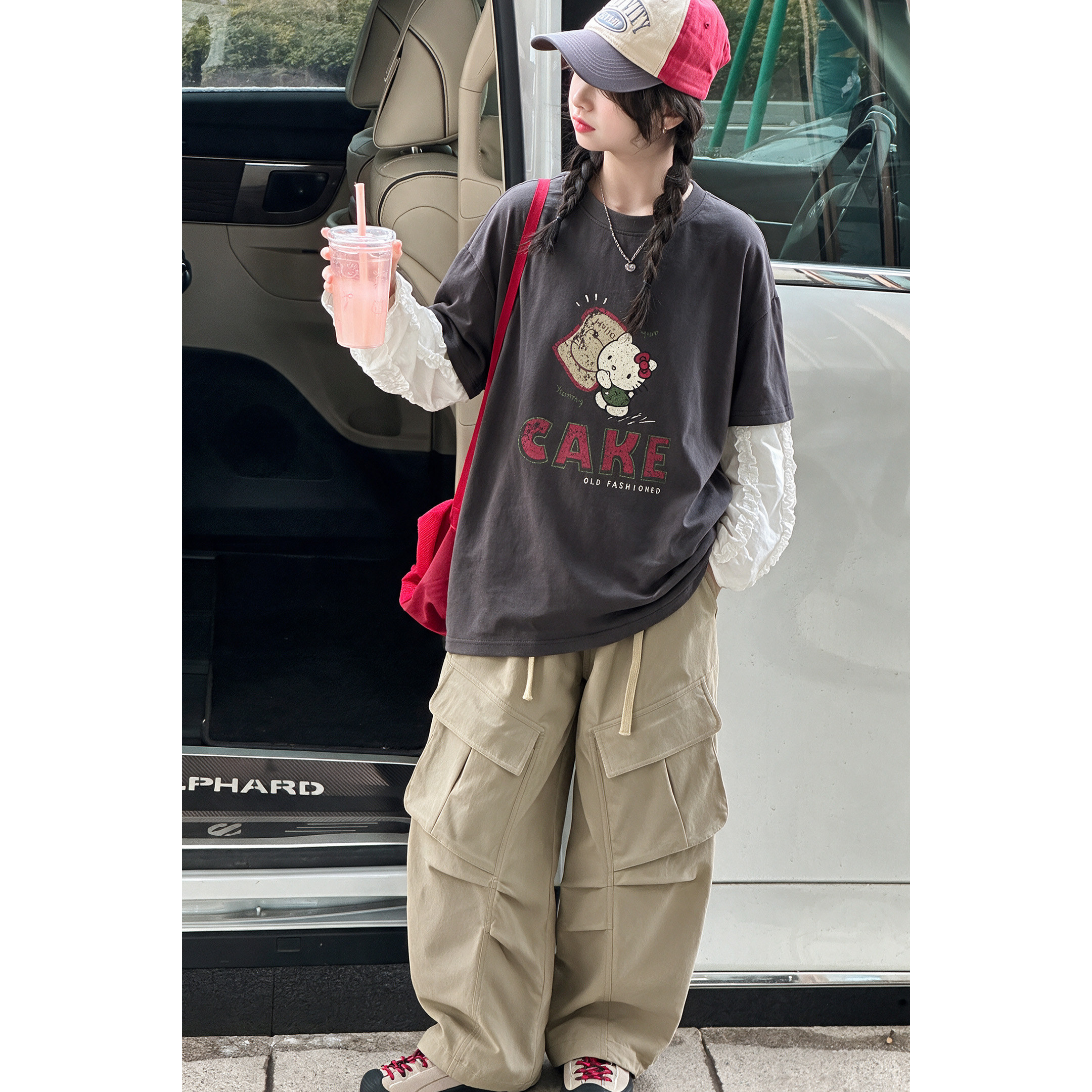 韩系女童木耳边拼接长袖T2026新款拼色卡通花边长袖工装裤套装