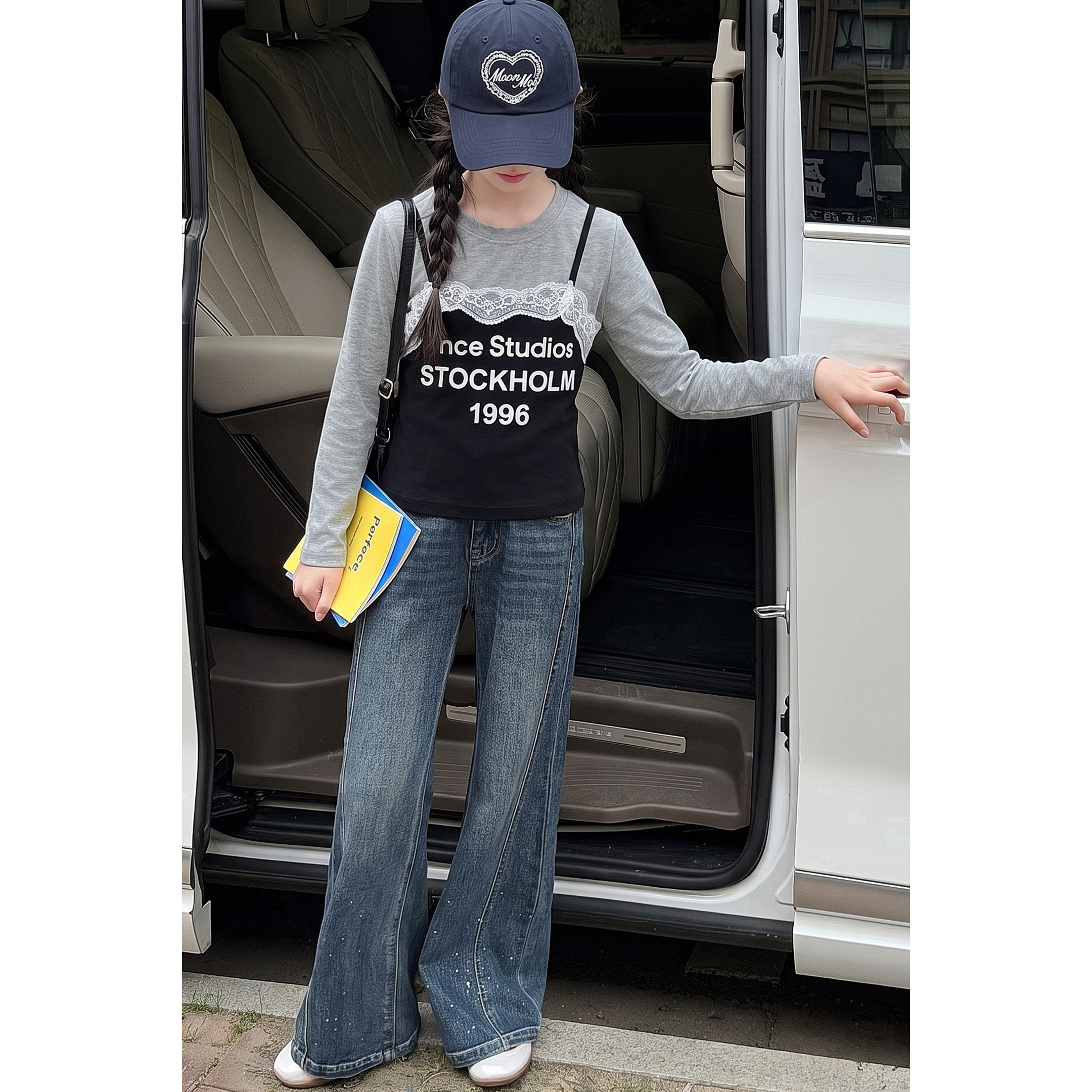 韩系女童套装2026秋季新款蕾丝边假两件打底衫牛仔裤两件套装潮