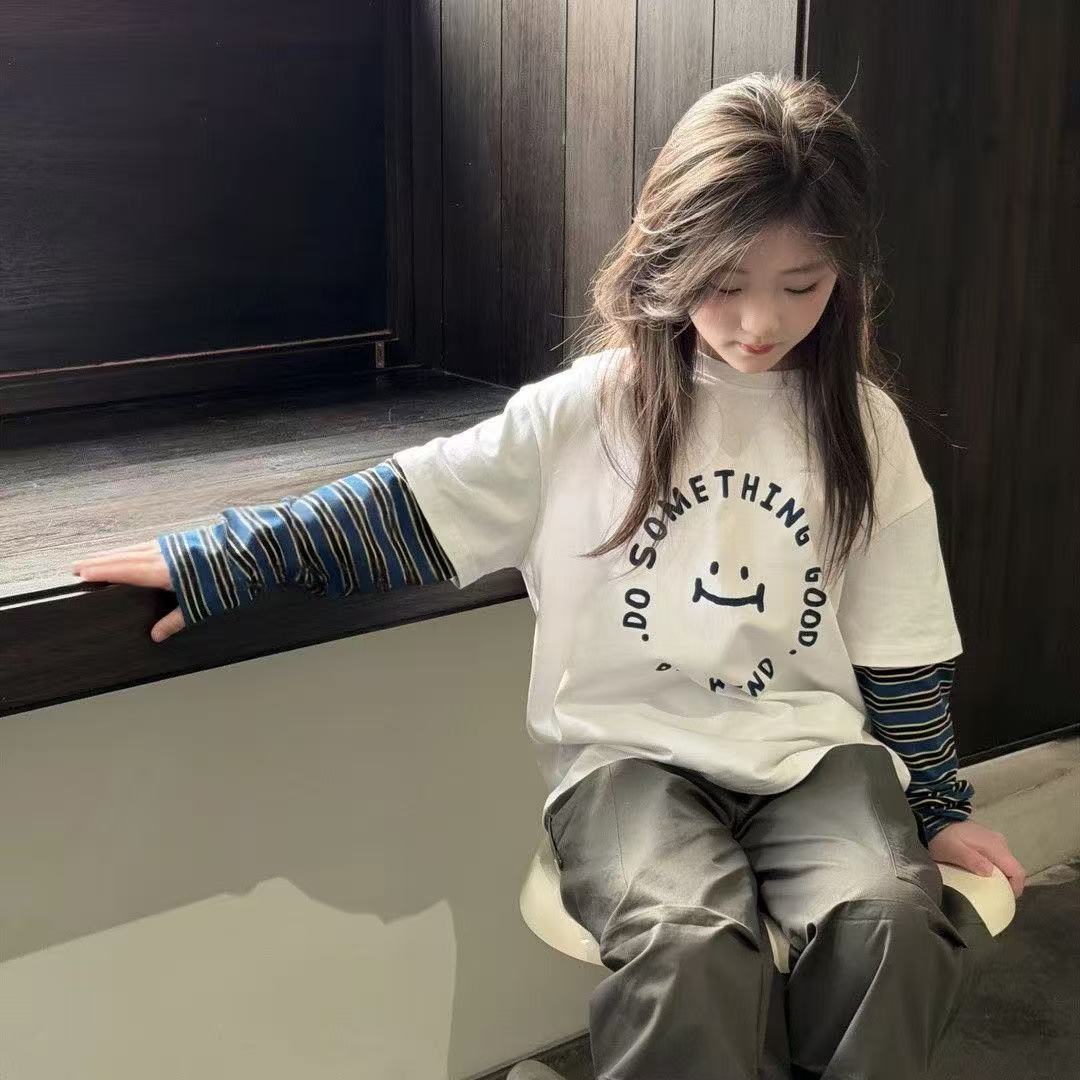 女童假两件长袖T恤春装新款儿童百搭打底衫中大童春秋季圆领上衣