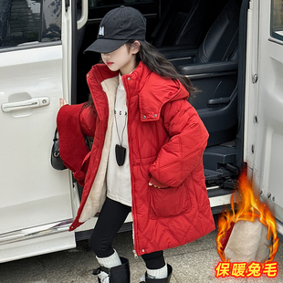 女童红色中长款加绒保暖围巾棉衣外套冬季新款中大童拜年棉服大衣