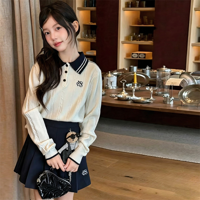 甜美女童学院风套装2026秋新款儿童POLO针织衫百褶半身裙子两件套